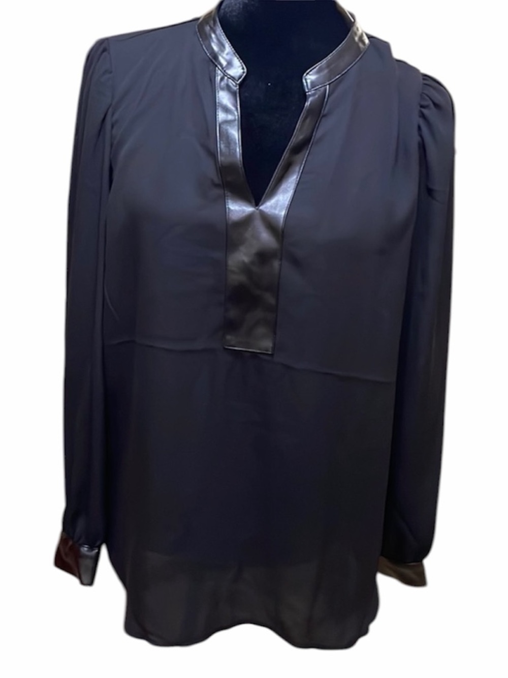 Anne Klein Career Long Sleeve Split V-Neck Top Leatherette Trim